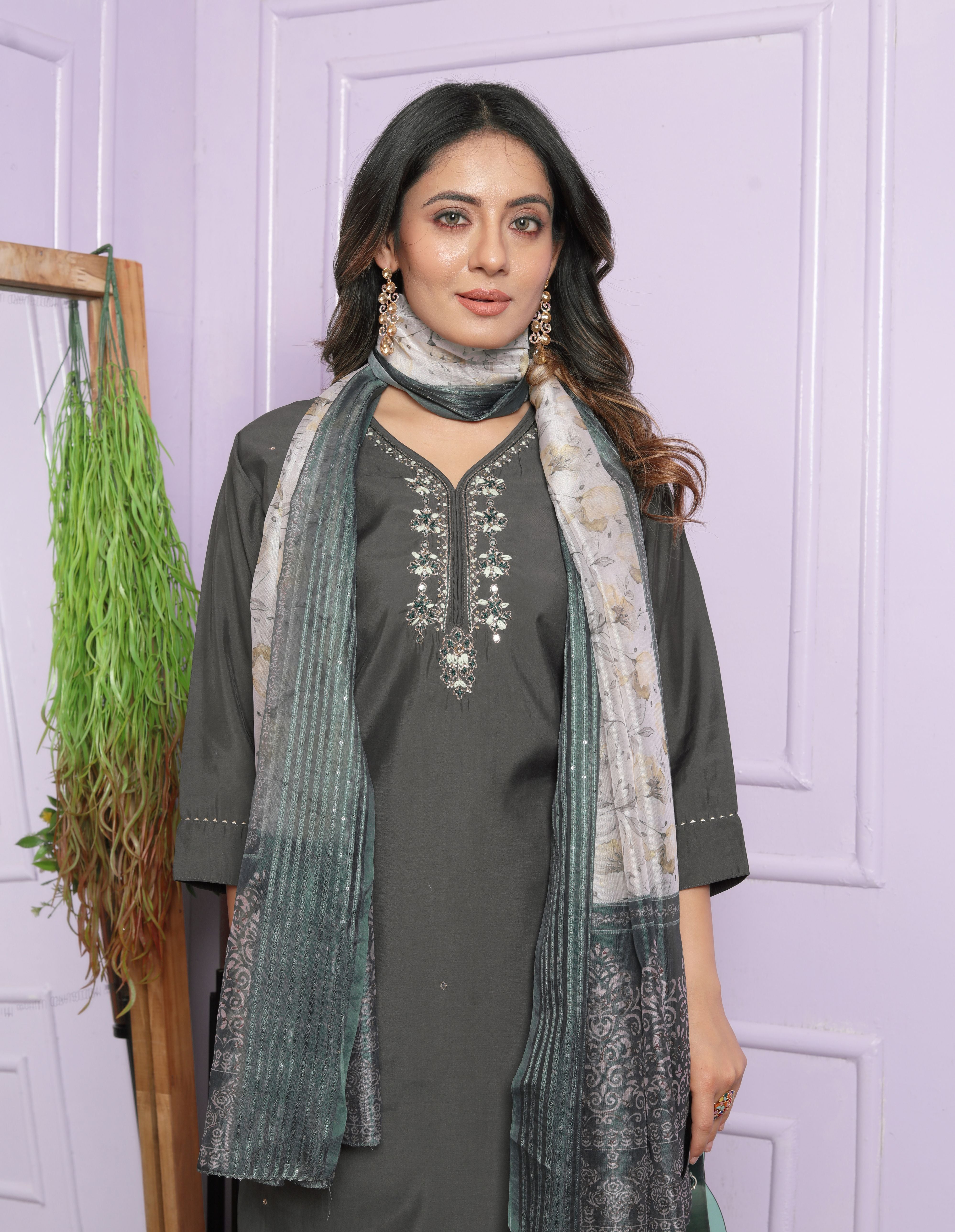 Grey Straight Roman Silk Suit Set
