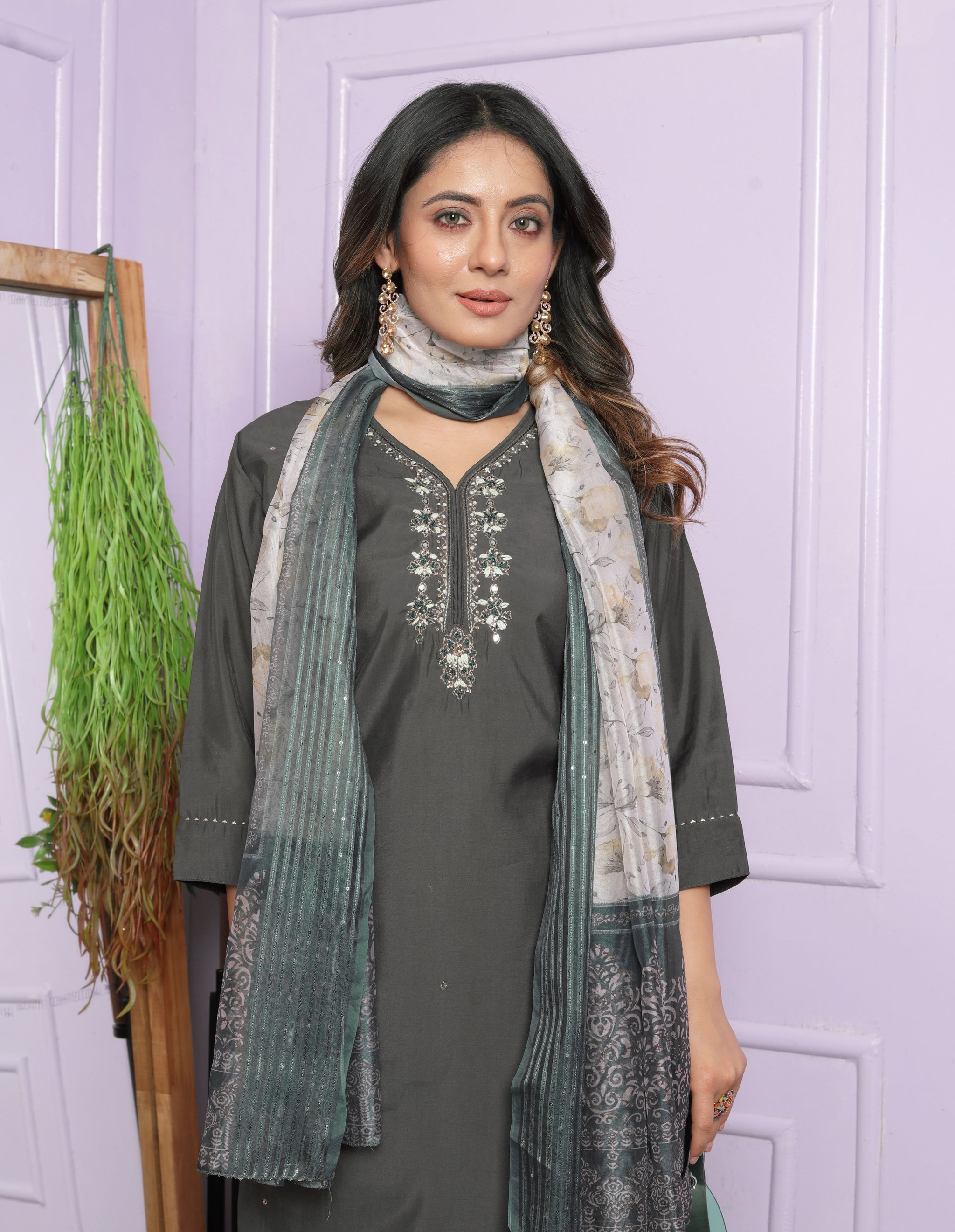Grey Straight Roman Silk Suit Set