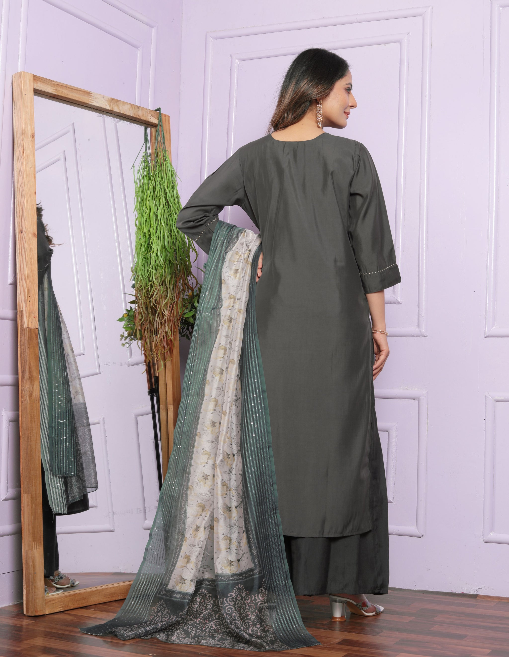 Grey Straight Roman Silk Suit Set