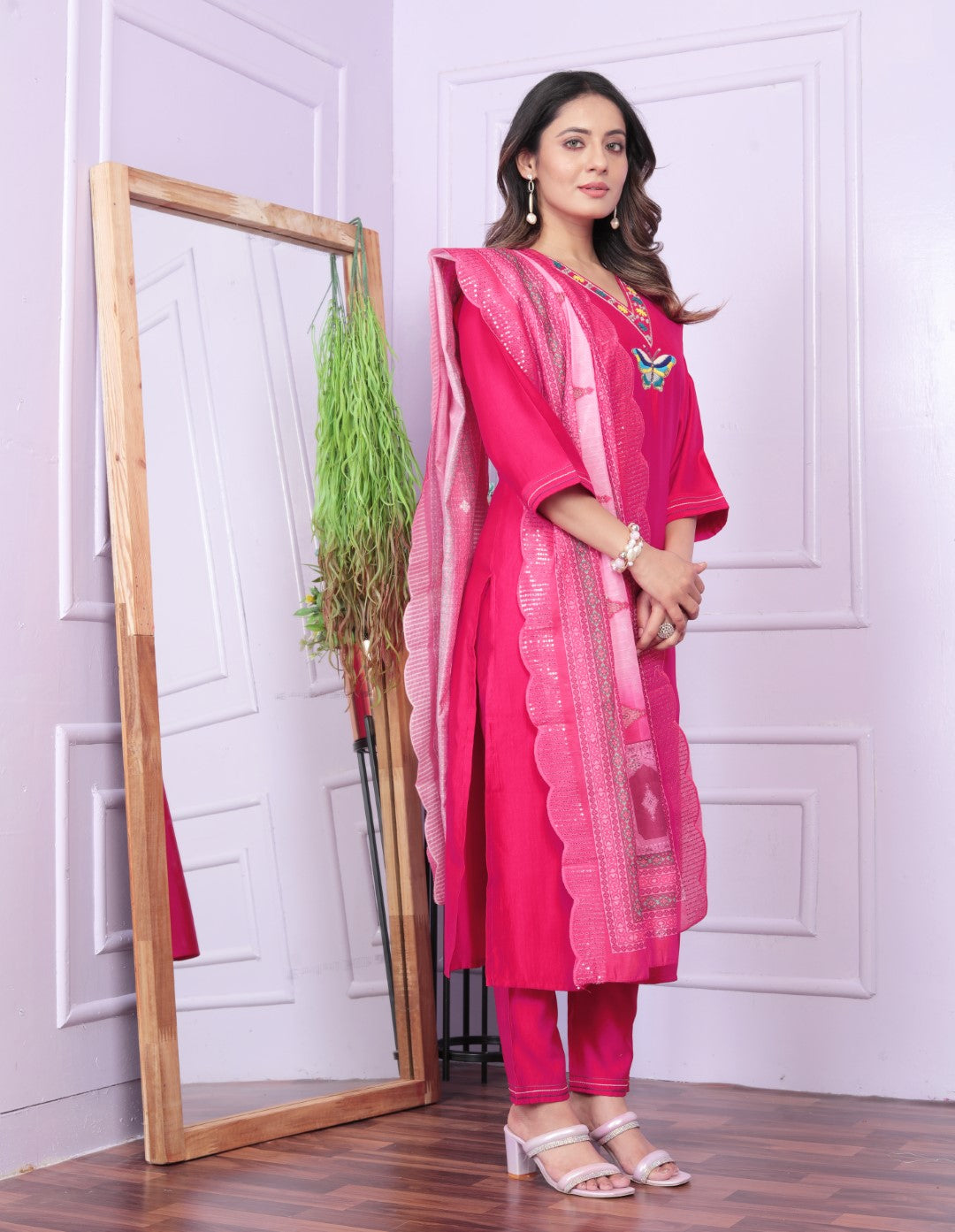 Rani Viscose Hand Work Butterfly Straight Kurti Set