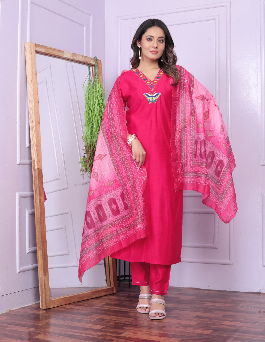 Rani Viscose Hand Work Butterfly Straight Kurti Set