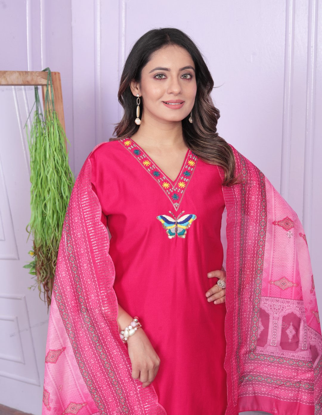 Rani Viscose Hand Work Butterfly Straight Kurti Set