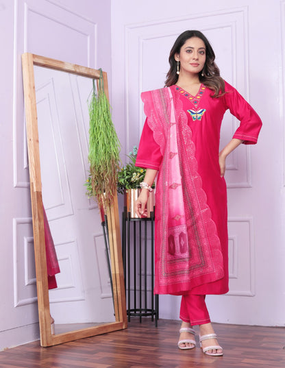Rani Viscose Hand Work Butterfly Straight Kurti Set