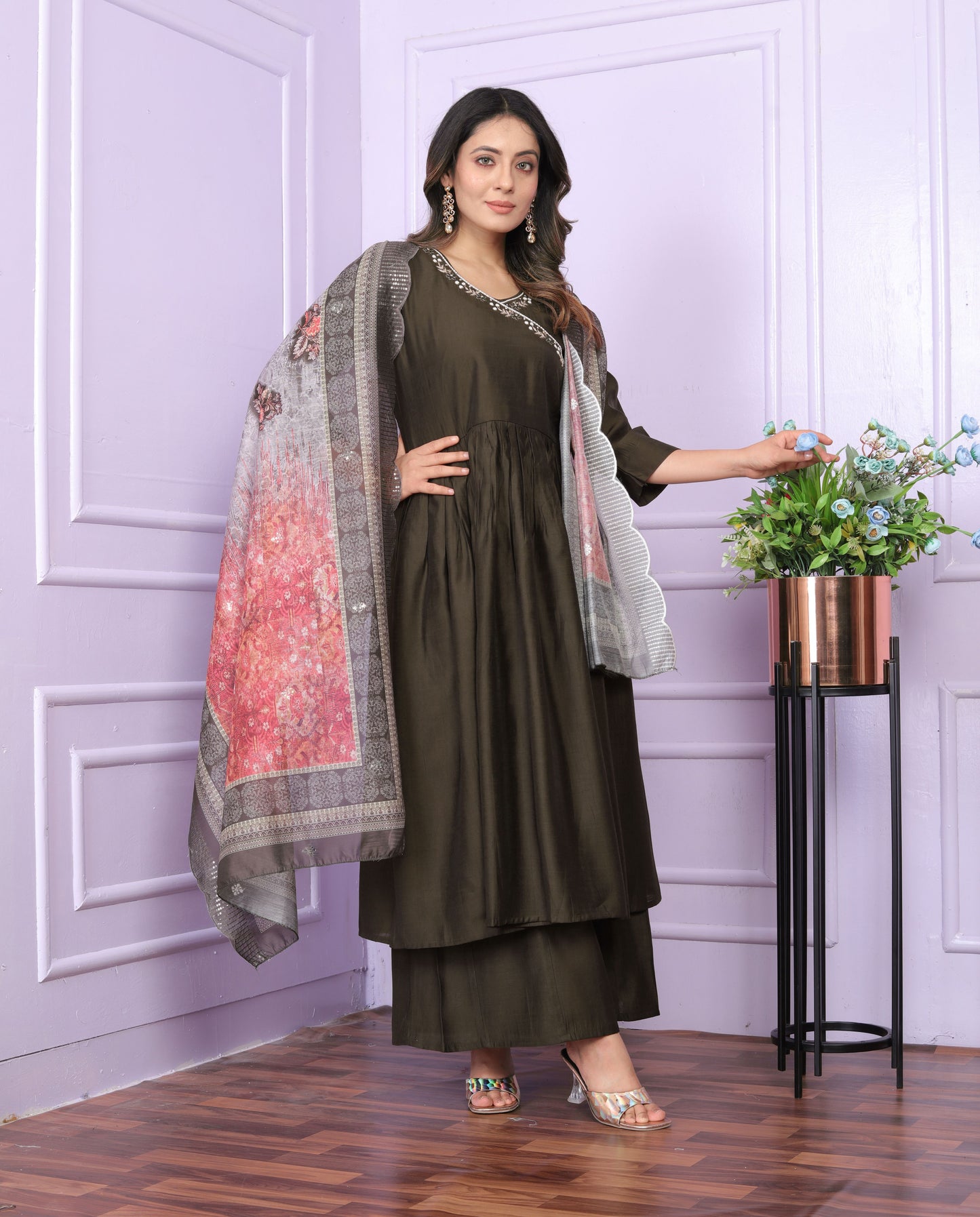 Olive Brown Angrakha Viscose Suit Set