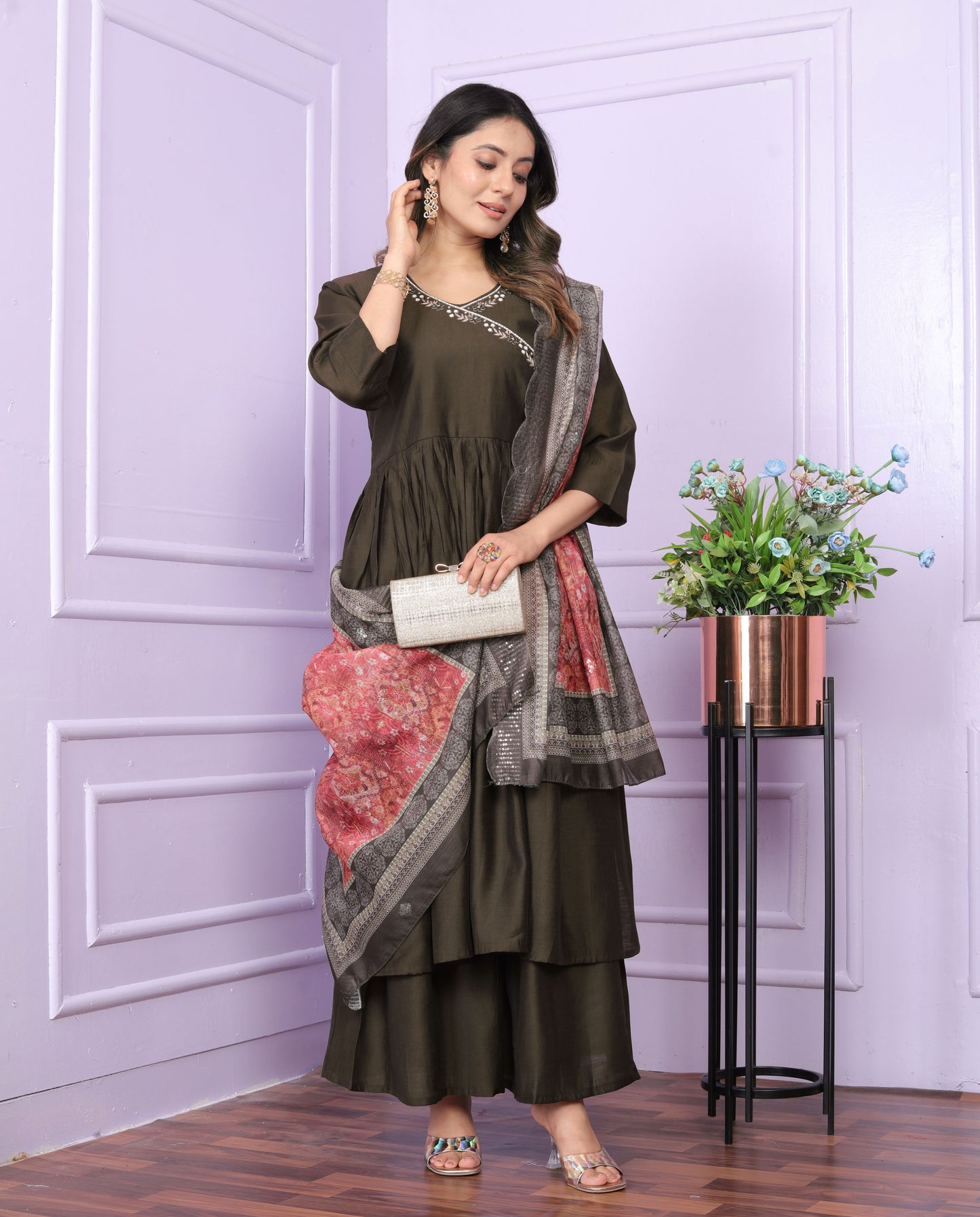 Olive Brown Angrakha Viscose Suit Set