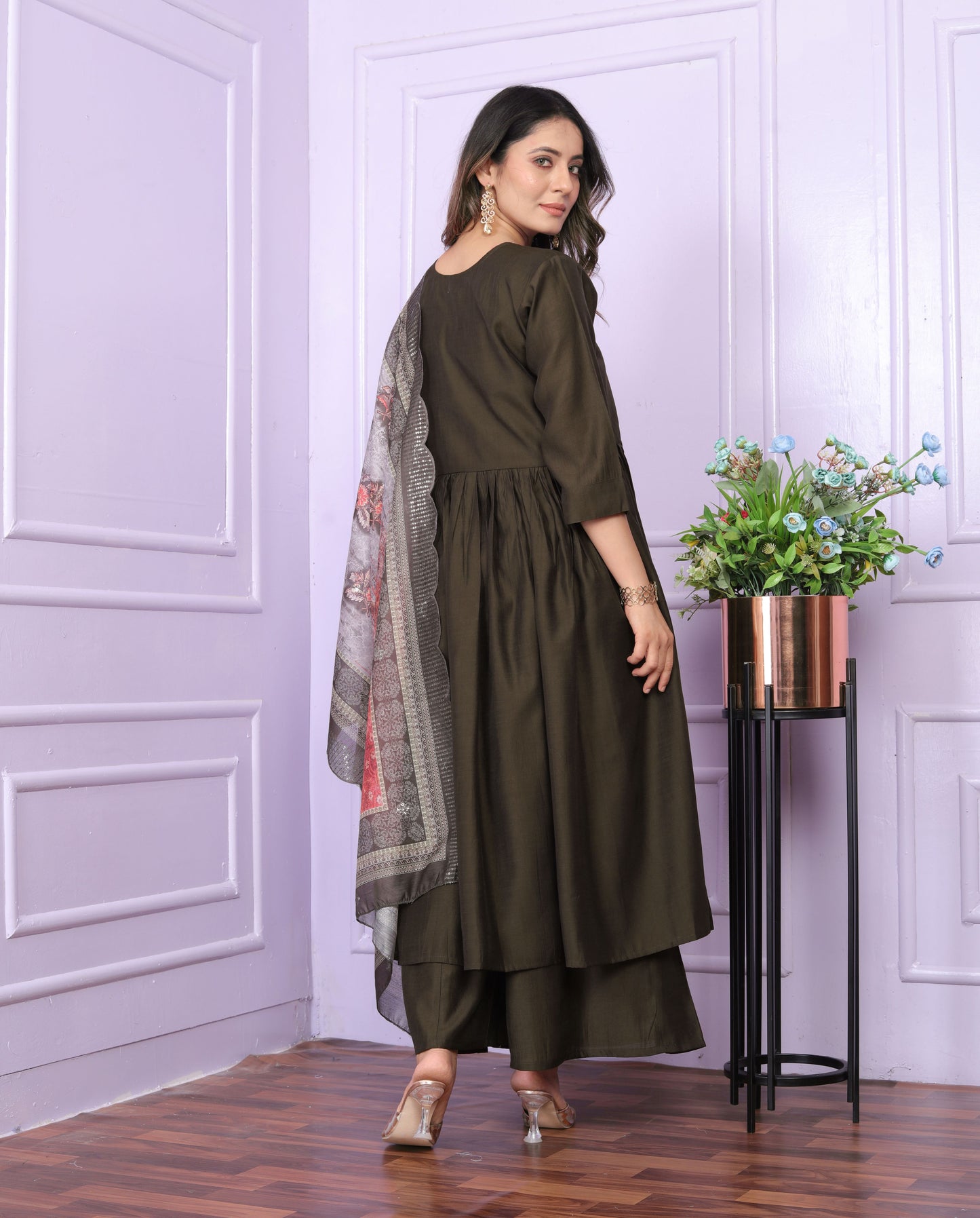 Olive Brown Angrakha Viscose Suit Set