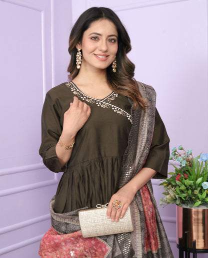 Olive Brown Angrakha Viscose Suit Set