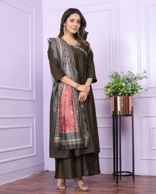 Olive Brown Angrakha Viscose Suit Set