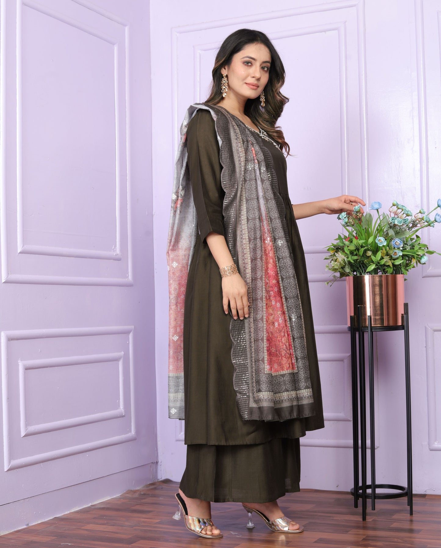 Olive Brown Angrakha Viscose Suit Set
