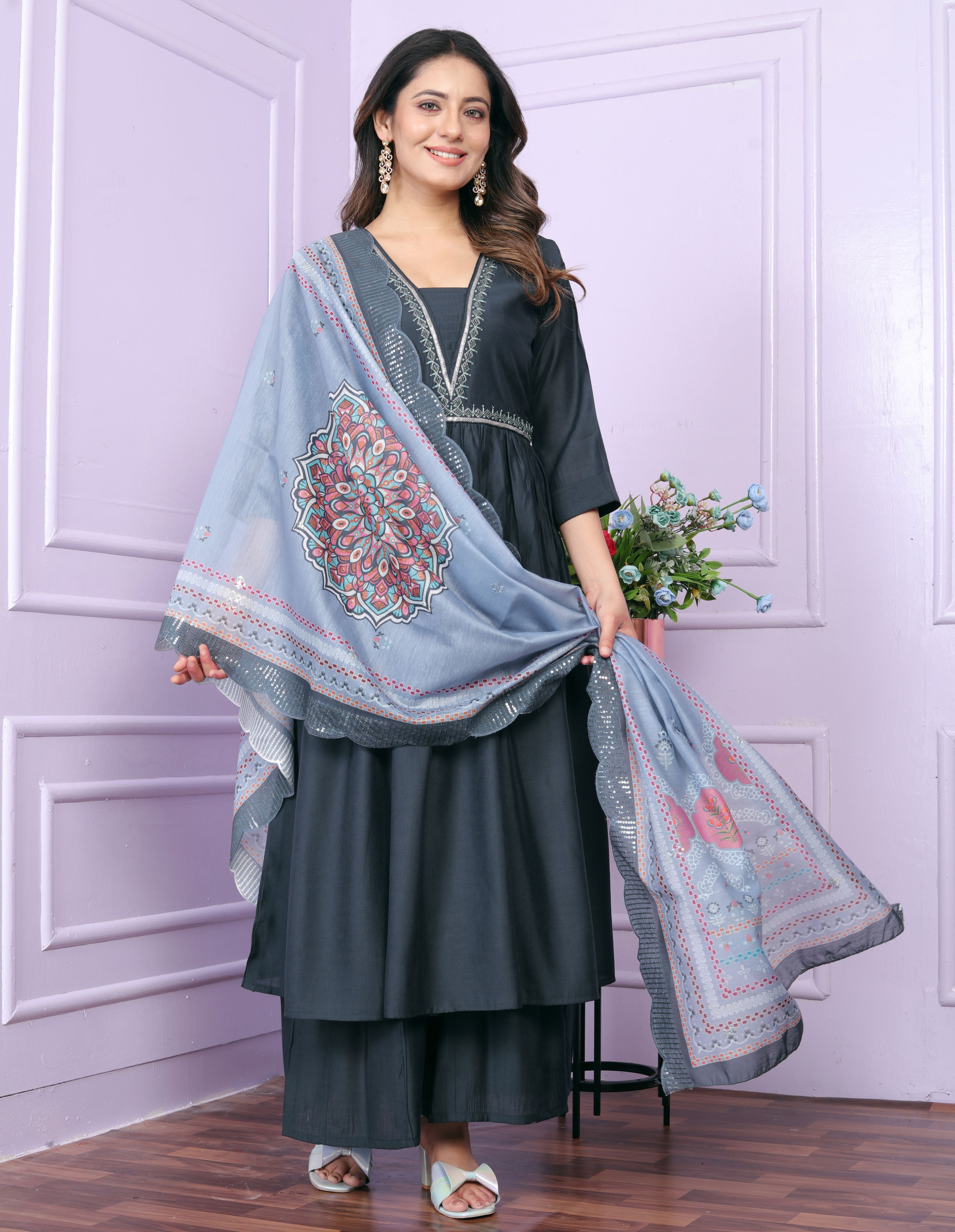 Blue Hand Work Viscose Suit Set