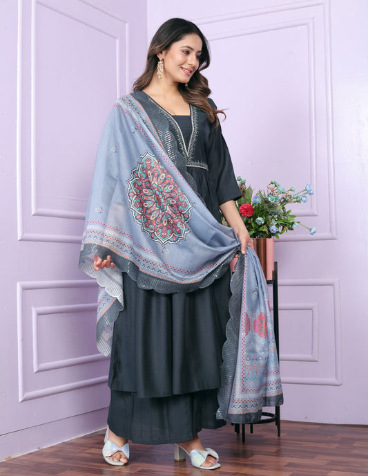 Blue Hand Work Viscose Suit Set