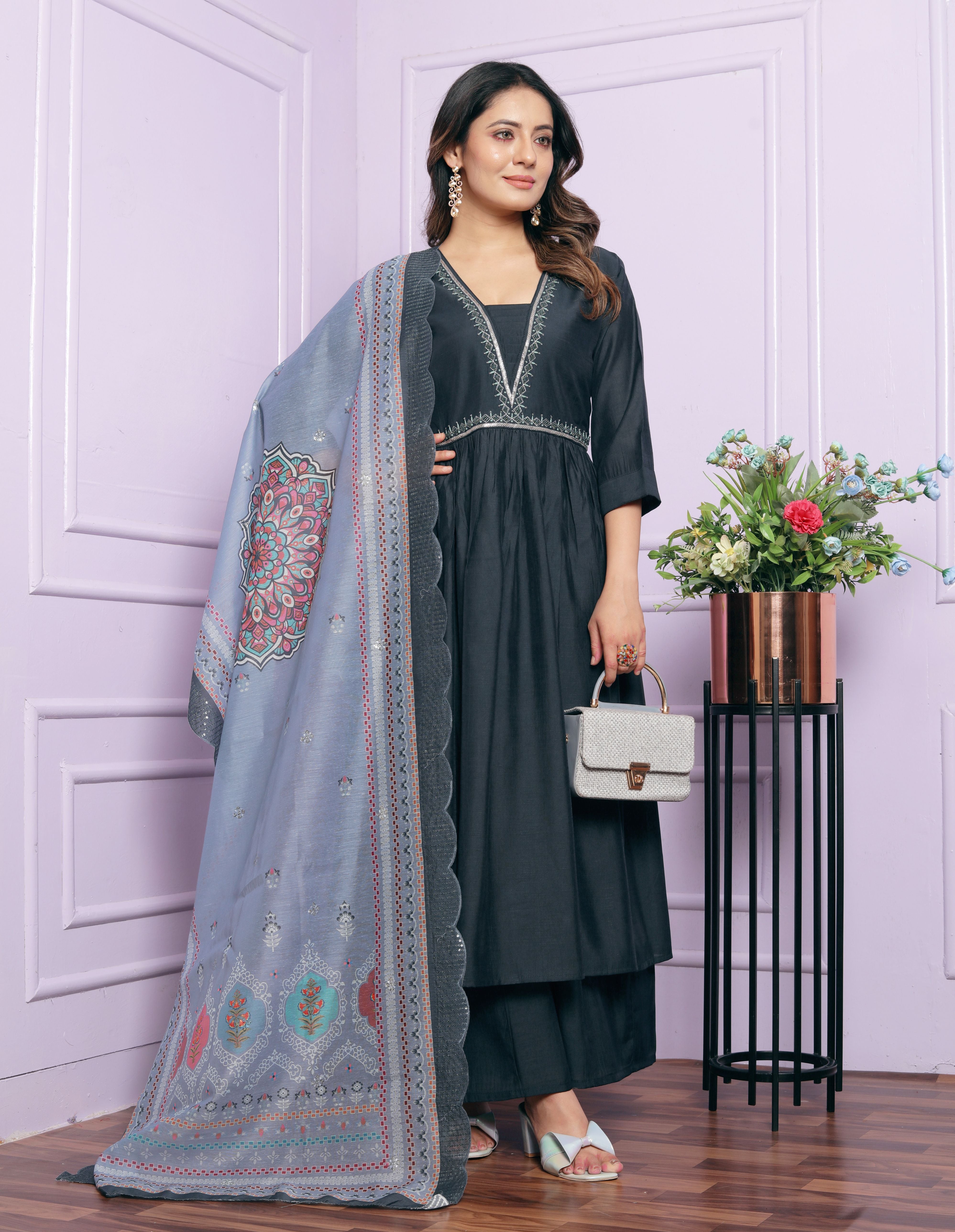 Blue Hand Work Viscose Suit Set