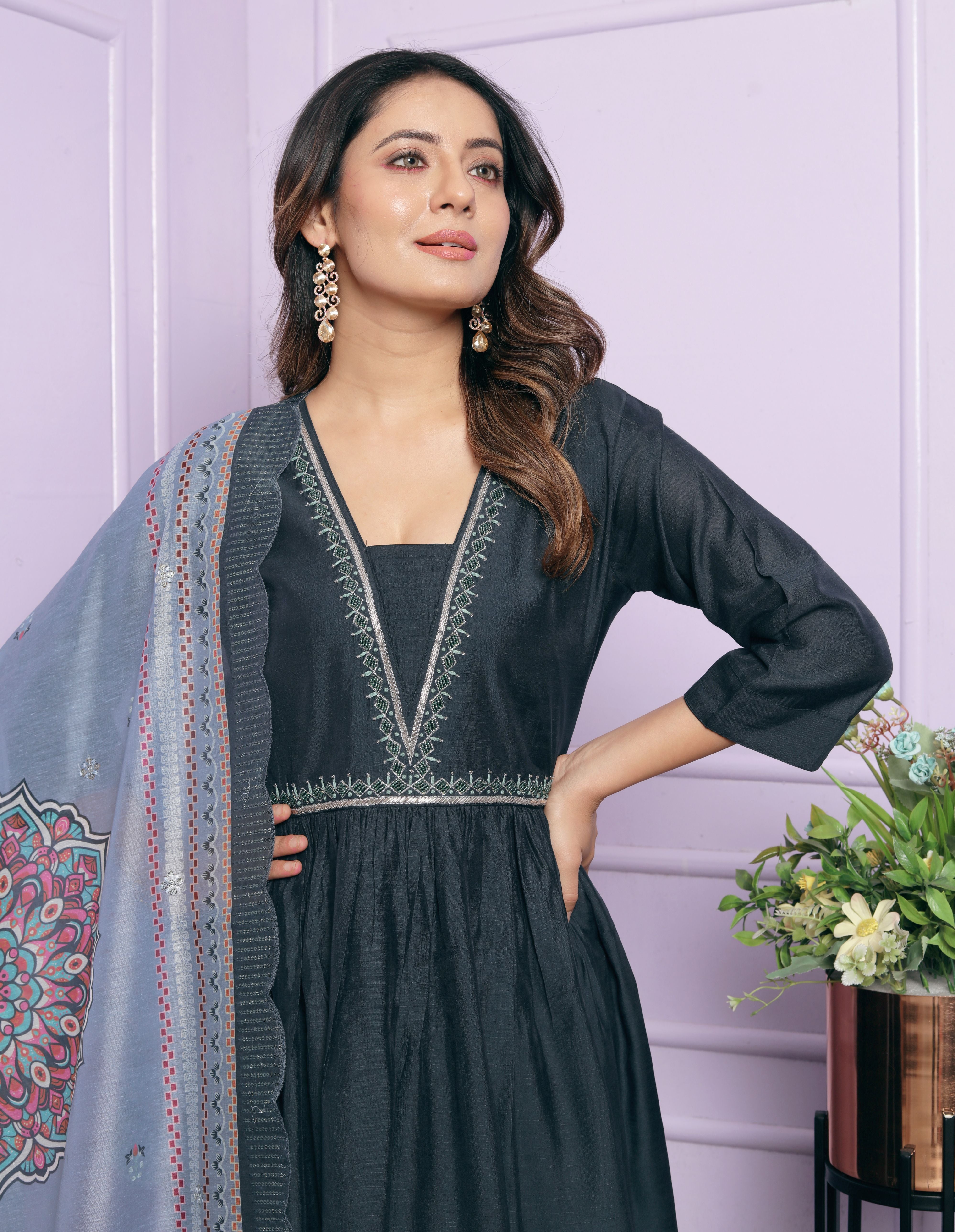 Blue Hand Work Viscose Suit Set