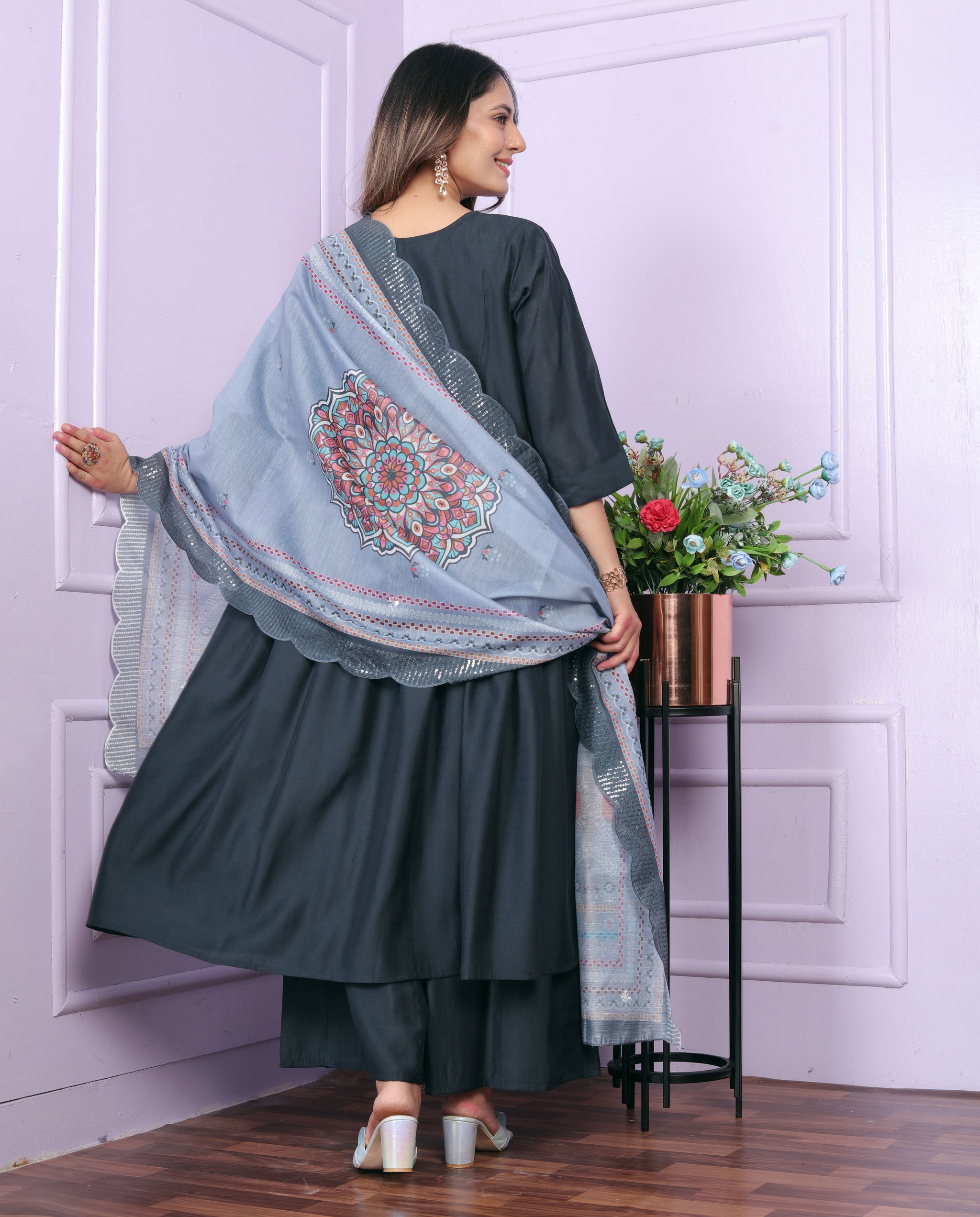 Blue Hand Work Viscose Suit Set