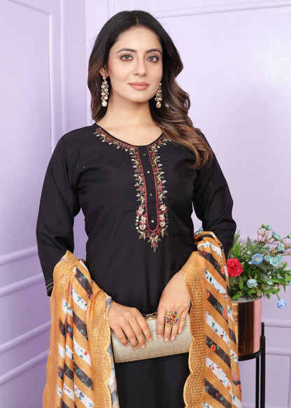 Roman Silk Black Straight Kurti With Pant