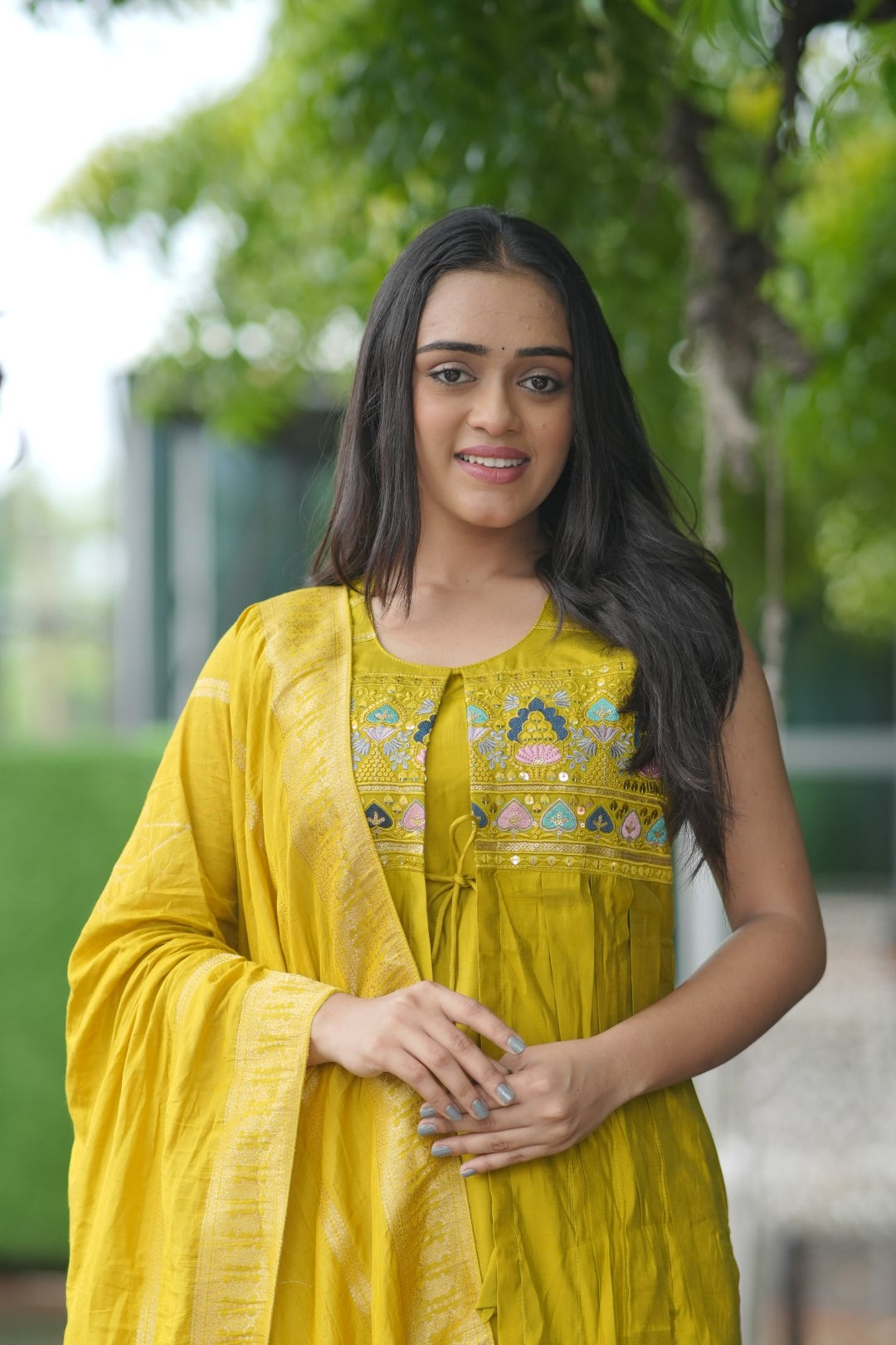 Embroidery Yellow Kurti With Attach Koti With Pent & Dupatta