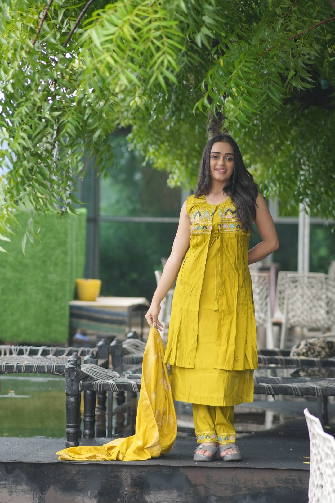 Embroidery Yellow Kurti With Attach Koti With Pent & Dupatta