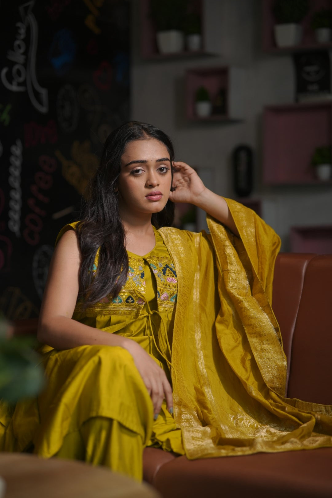 Embroidery Yellow Kurti With Attach Koti With Pent & Dupatta