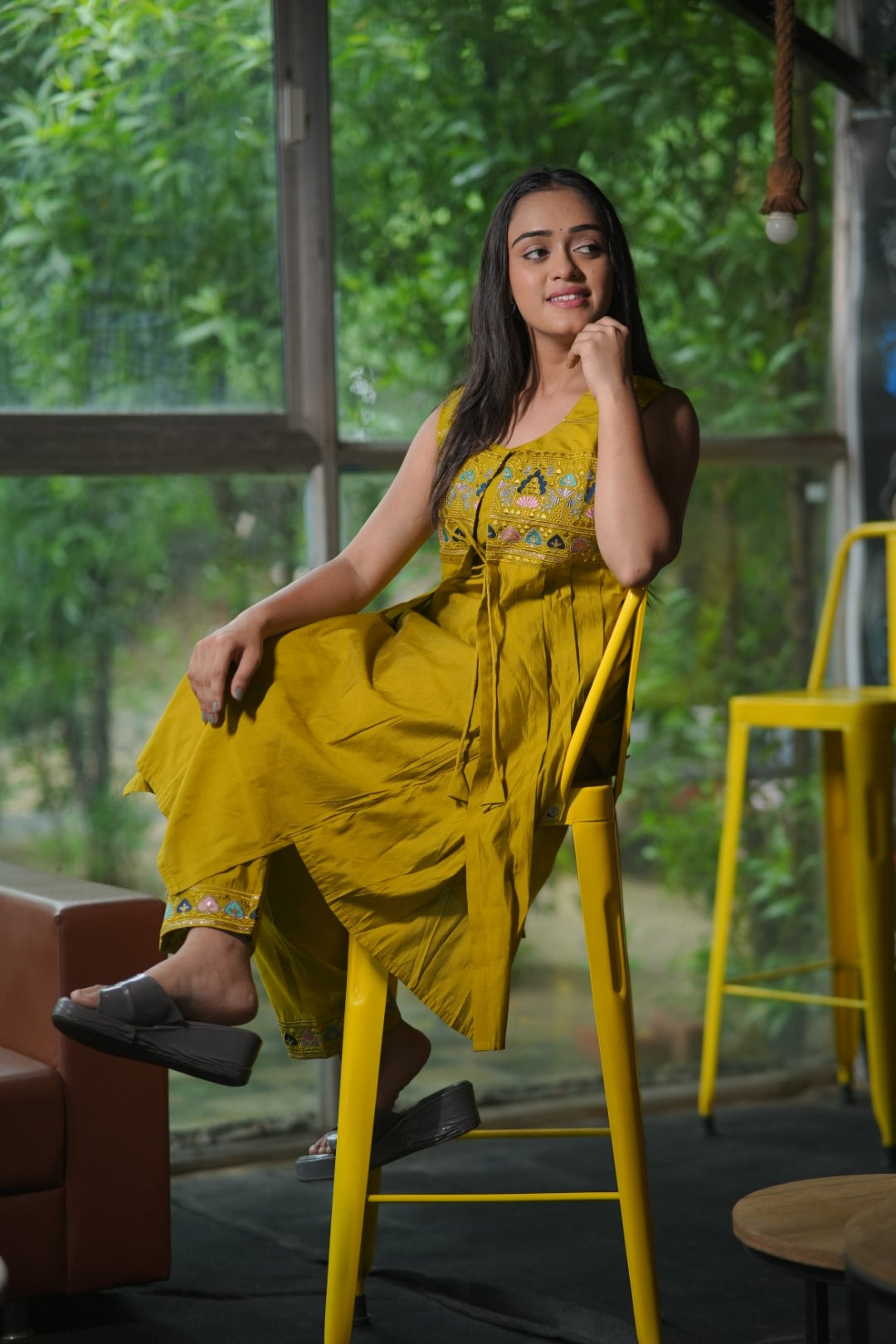 Embroidery Yellow Kurti With Attach Koti With Pent & Dupatta