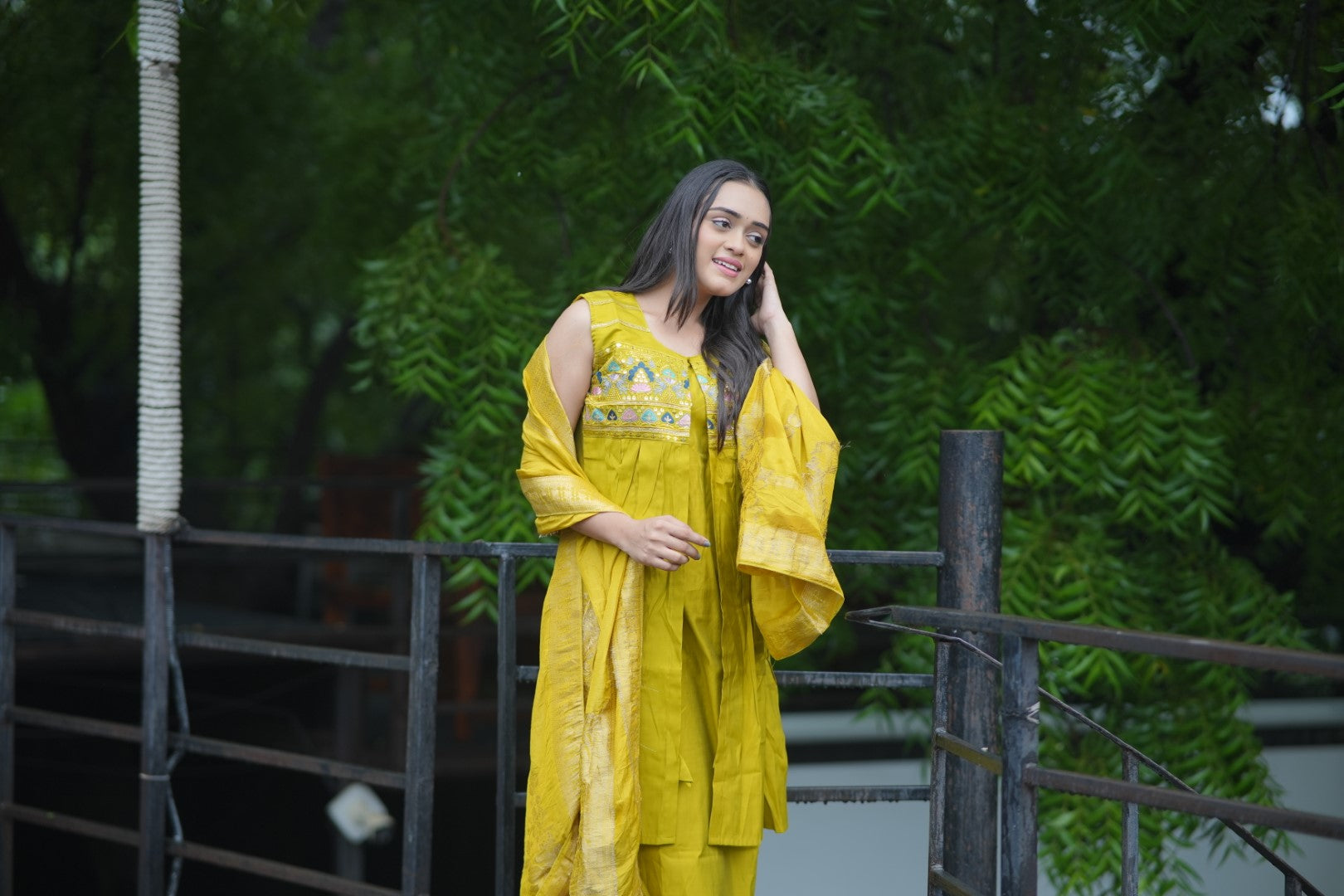 Embroidery Yellow Kurti With Attach Koti With Pent & Dupatta