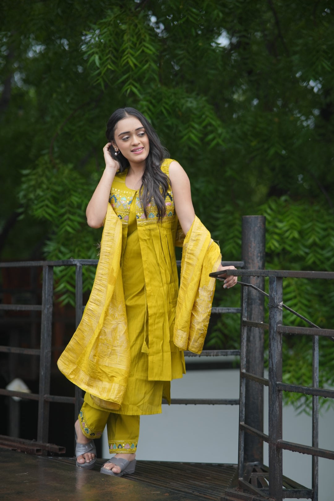 Embroidery Yellow Kurti With Attach Koti With Pent & Dupatta