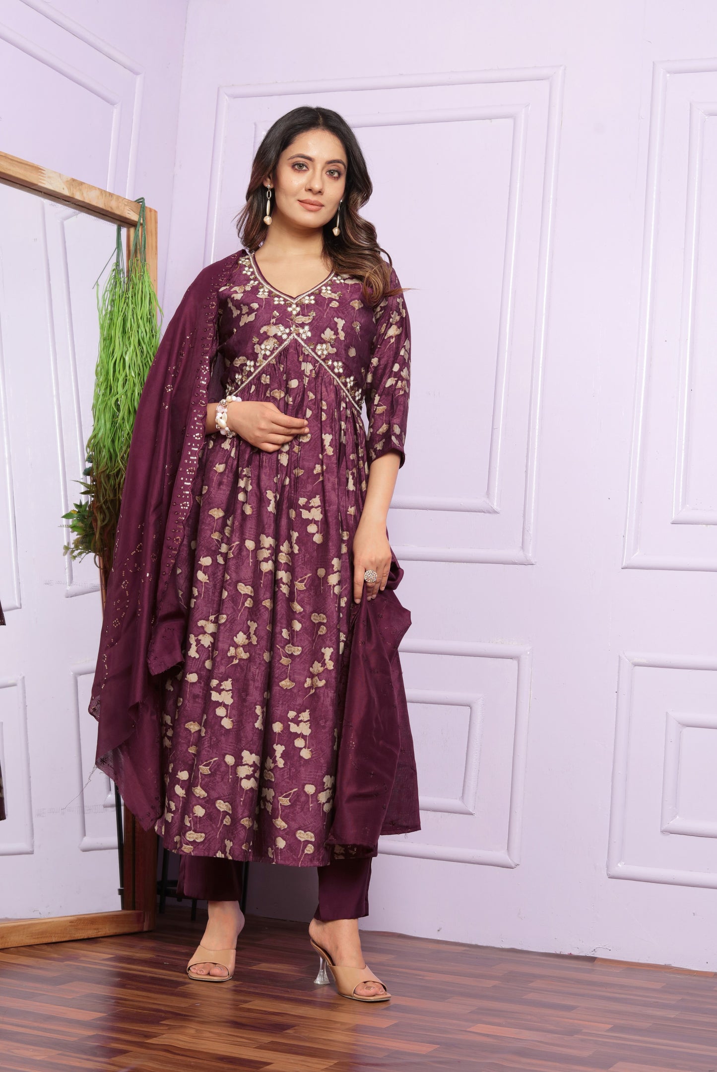 Wine Printed Silk Aliya Suit Set