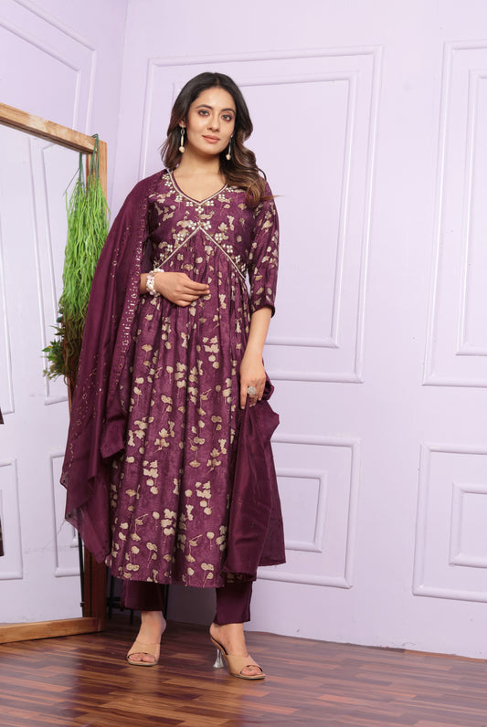 Wine Printed Silk Aliya Suit Set