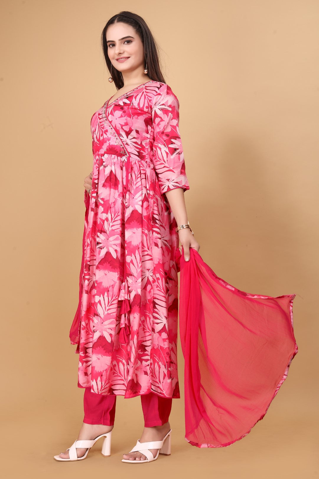 Muslin Digital Printed Angrkha Pair With Hand Work