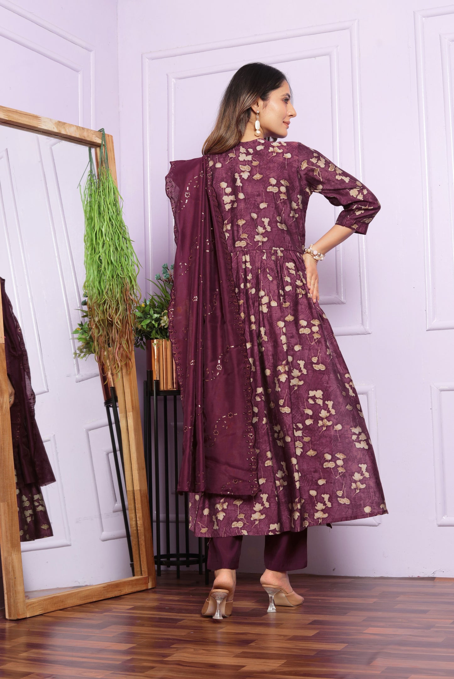Wine Printed Silk Aliya Suit Set
