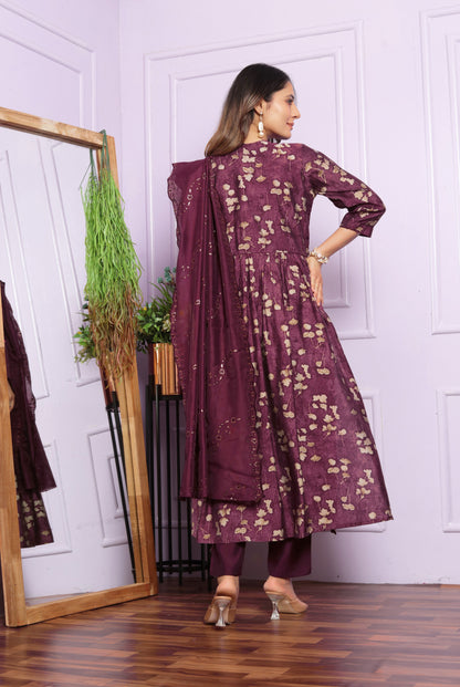 Wine Printed Silk Aliya Suit Set
