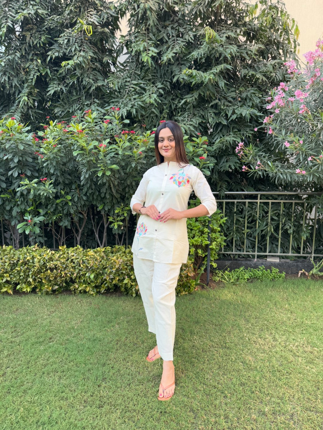 Embroidery Navrangi Pure Cotton White Co-ord Set
