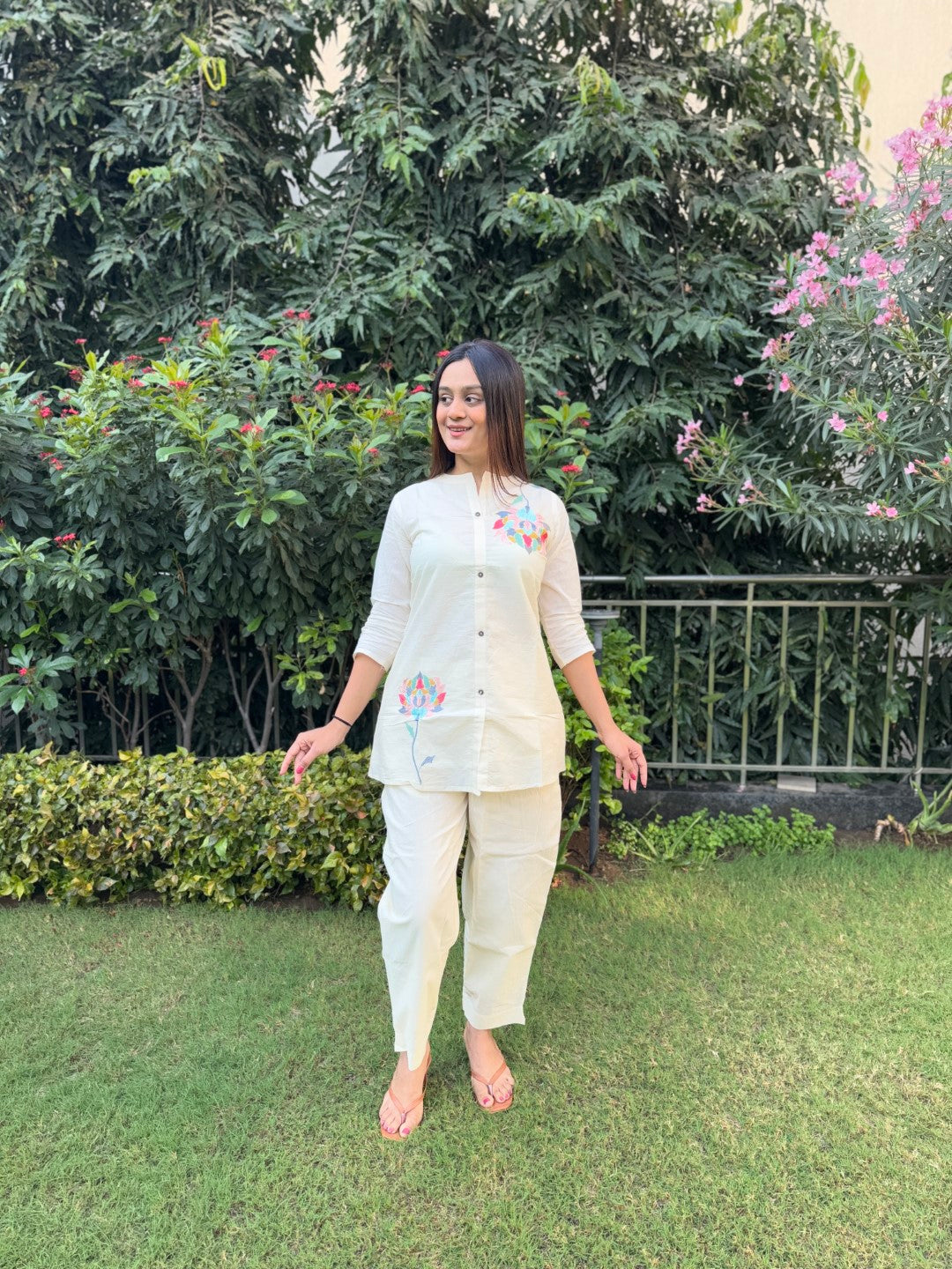 Embroidery Navrangi Pure Cotton White Co-ord Set