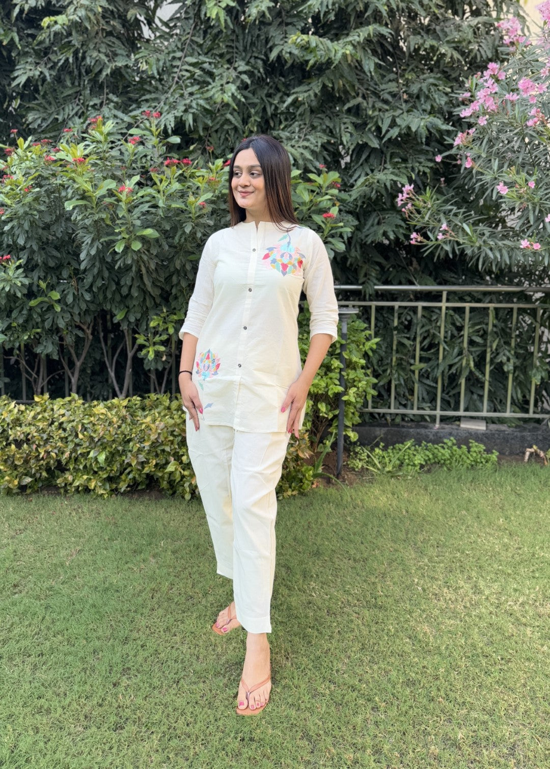 Embroidery Navrangi Pure Cotton White Co-ord Set
