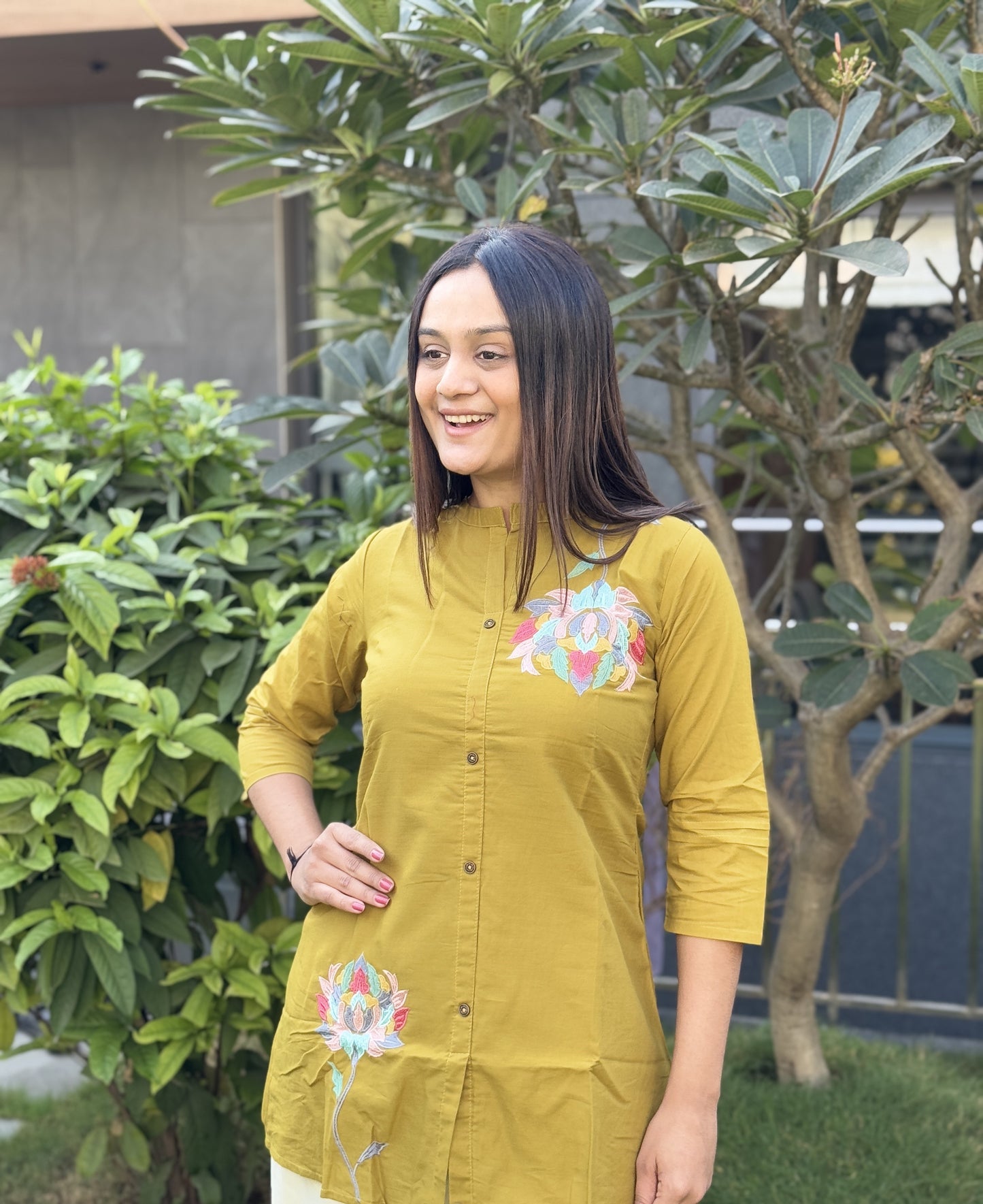 Yellow Daily Wear Embroidery Short Top