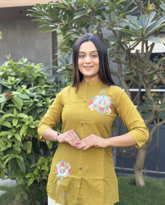 Yellow Daily Wear Embroidery Short Top