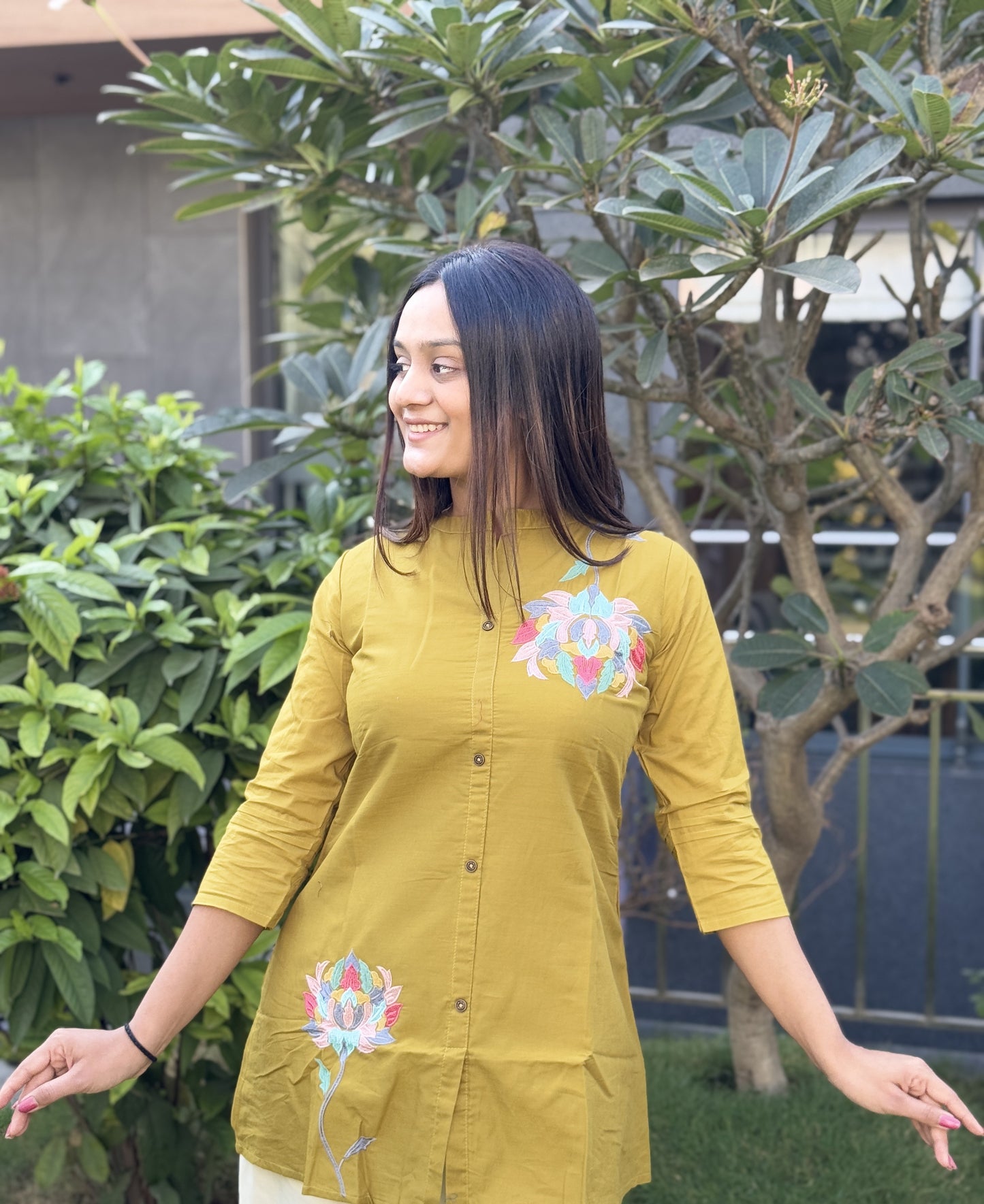 Yellow Daily Wear Embroidery Short Top