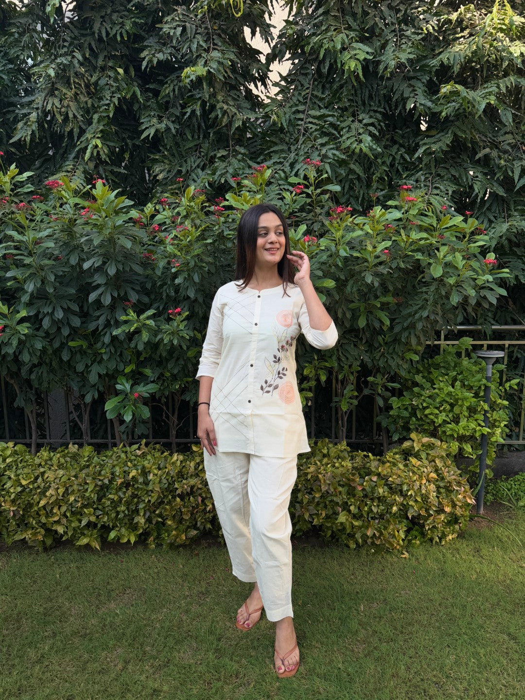 Embroidery Chakra Pure Cotton White Co-ord Set