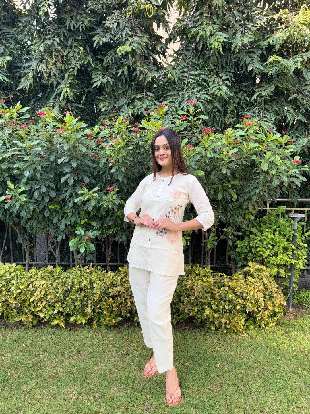 Embroidery Chakra Pure Cotton White Co-ord Set