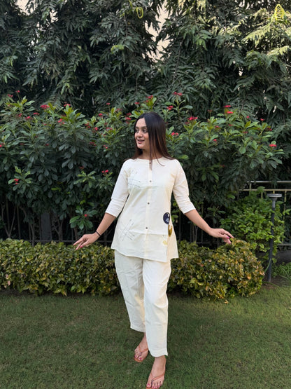 Embroidery Dove Pure Cotton White Co-ord Set