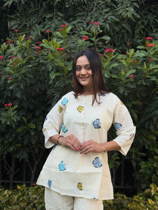 White Butterfly Tunic Daily Wear Embroidery Short Top