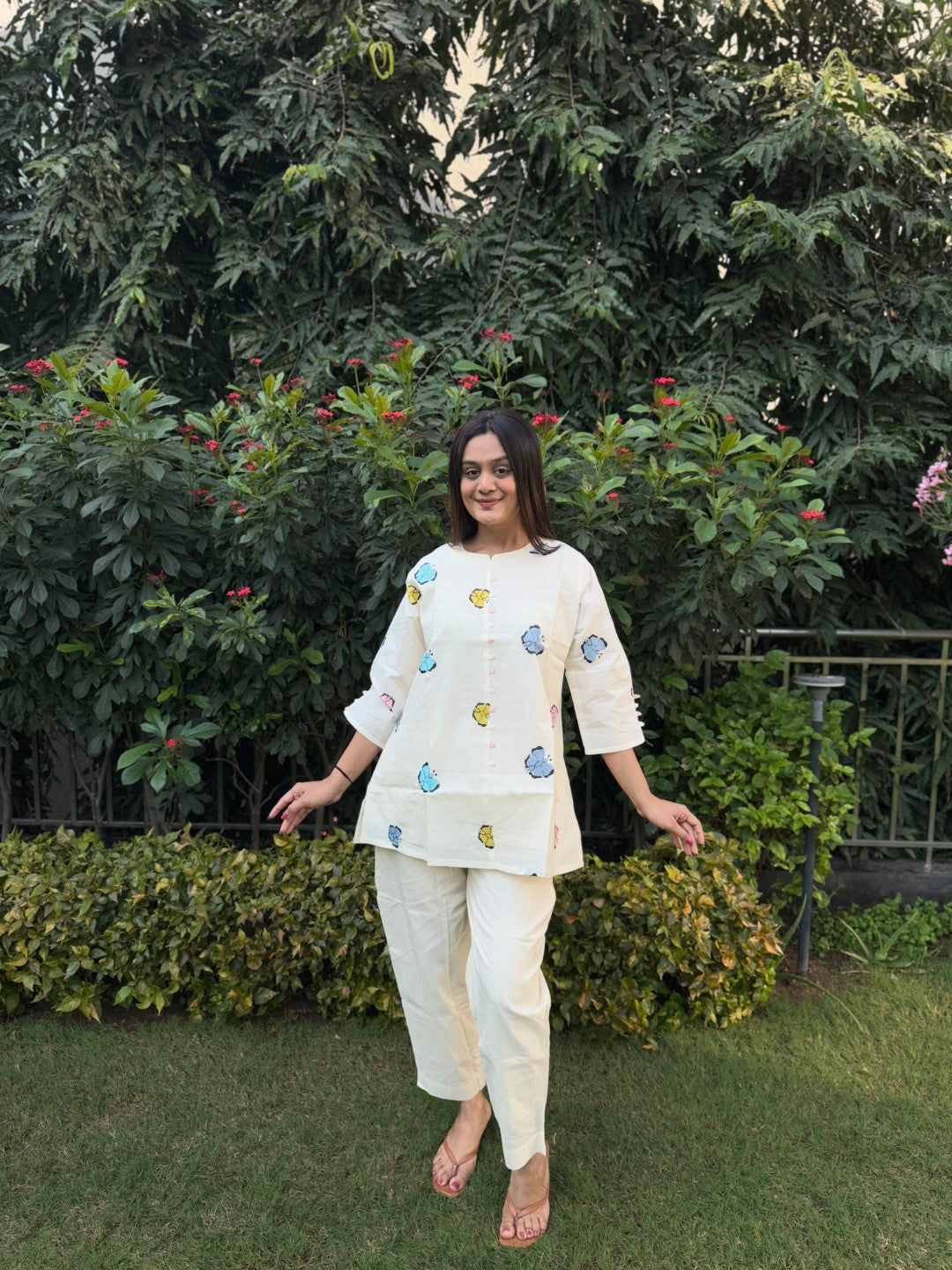 Embroidery Butterfly Pure Cotton White Co-ord Set