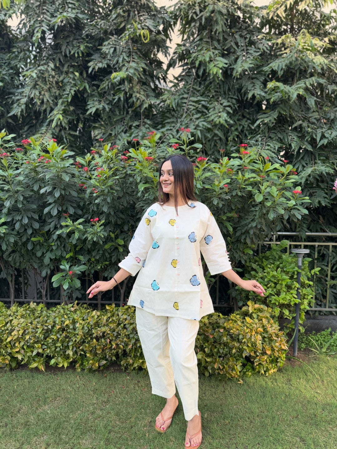 Embroidery Butterfly Pure Cotton White Co-ord Set