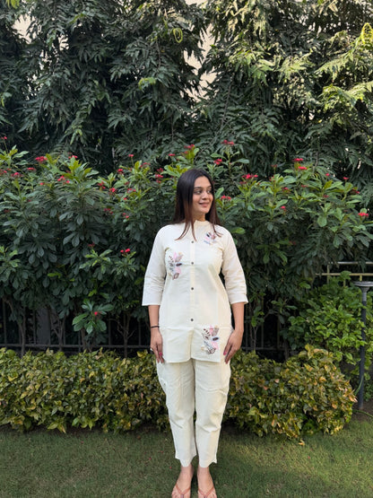Embroidery Teen Patti Pure Cotton White Co-ord Set