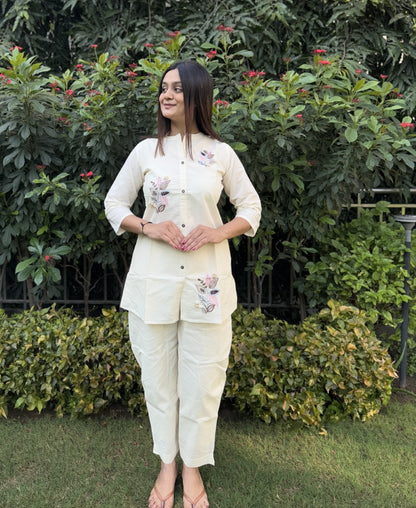 Embroidery Teen Patti Pure Cotton White Co-ord Set