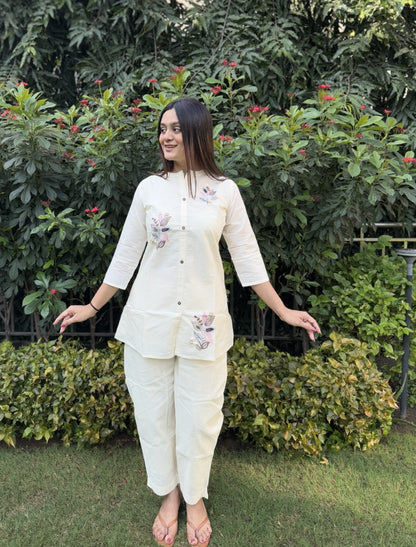 Embroidery Teen Patti Pure Cotton White Co-ord Set