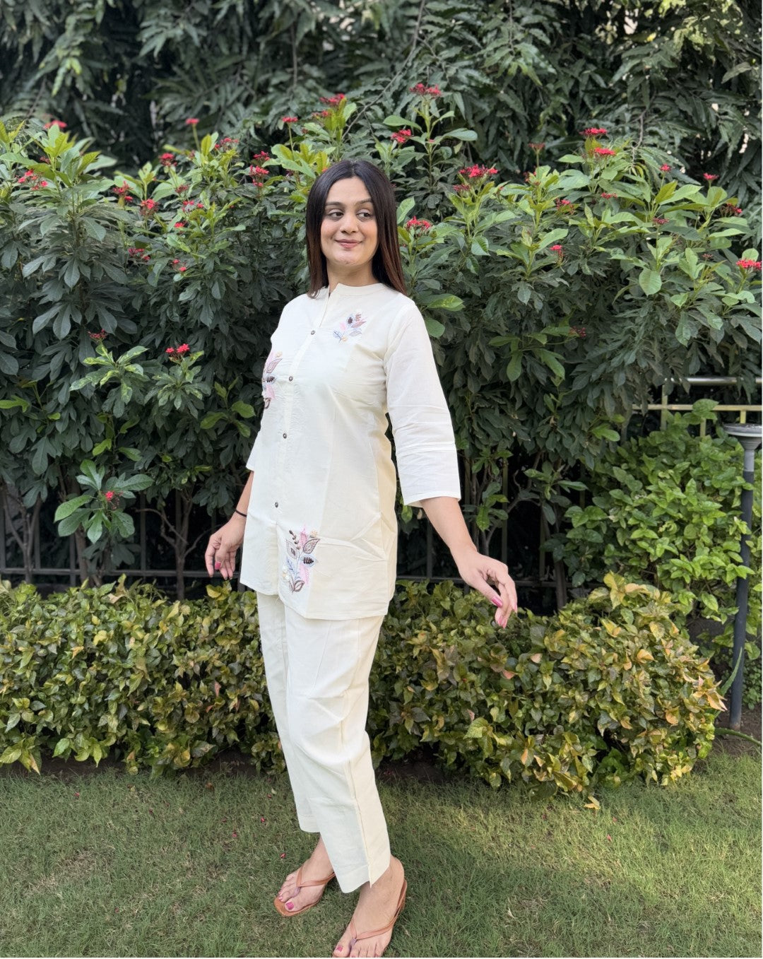 Embroidery Teen Patti Pure Cotton White Co-ord Set