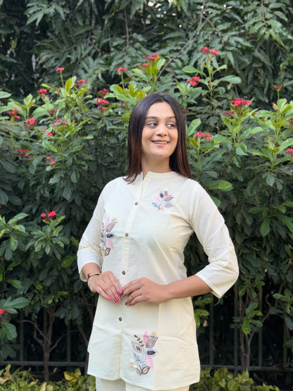 Embroidery Teen Patti Pure Cotton White Co-ord Set