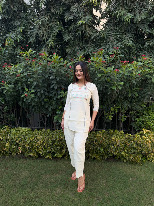 Embroidery Multi Magic Pure Cotton White Co-ord Set