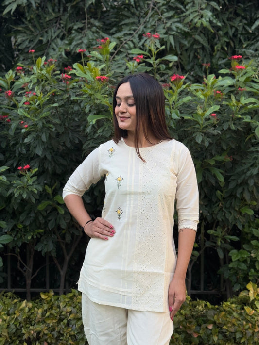 White Sunflower Tunic Daily Wear Embroidery Short Top