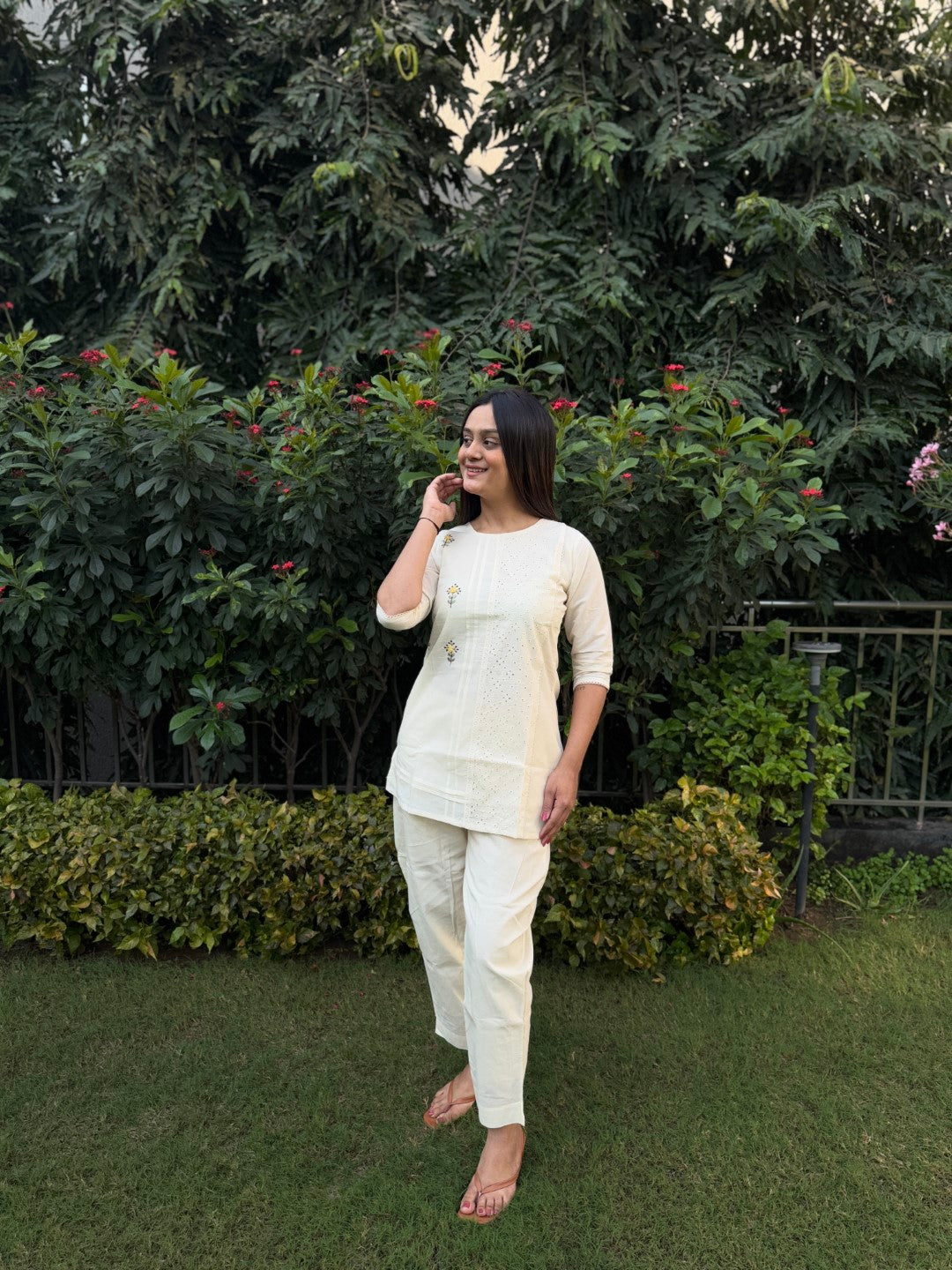 Embroidery Sunflower Pure Cotton White Co-ord Set
